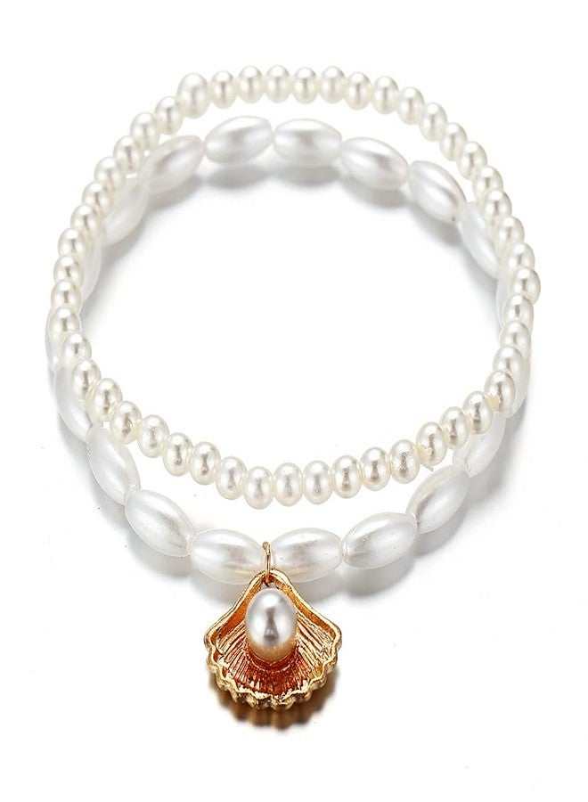 GUAFEIH Shell Anklets Set Pearl Layered Ankle Bracelet Elastic Beach Foot Chain Jewelry for Women - Image 1